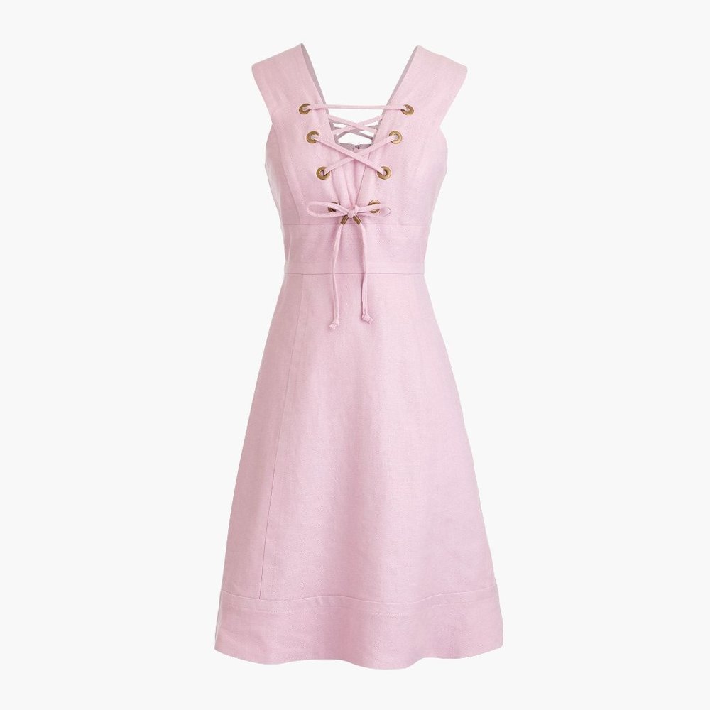 J. Crew Size 6 Lace Up Dress Structured Linen Purple Lilac A Line Sleeveless